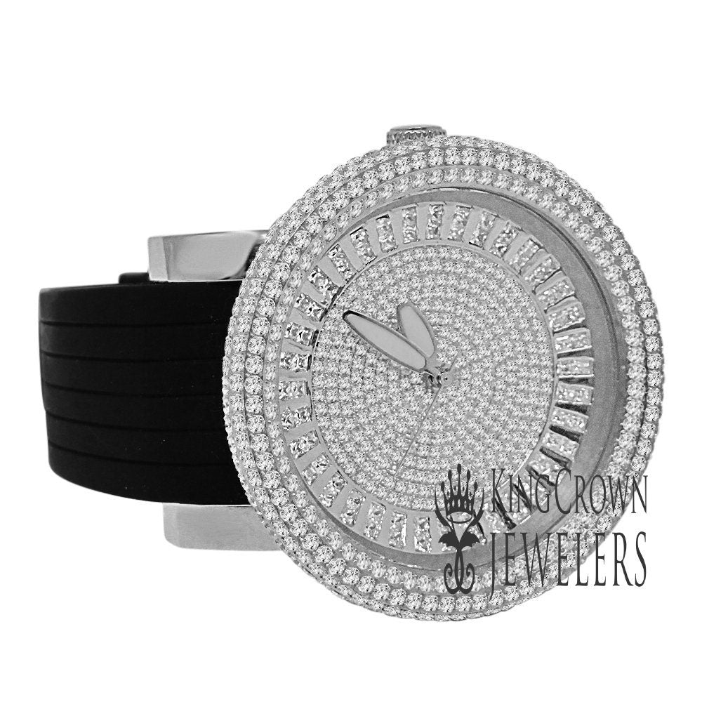 Mens Solid Stainless Steel Fully Icy 3D Simulated Diamond White Gold Tone Watch 48mm