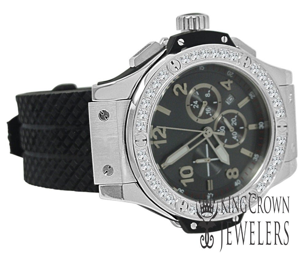 Mens Solid Full Stainless Steel Simulated Diamond Chronograph White Tone Watch 50mm W/Date