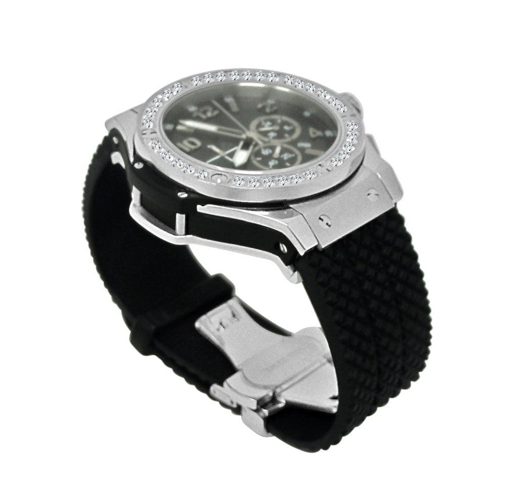 Mens Solid Full Stainless Steel Simulated Diamond Chronograph White Tone Watch 50mm W/Date