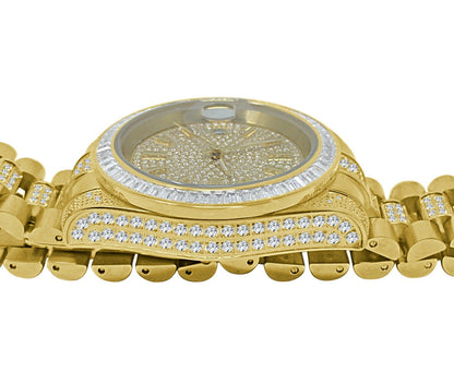 18K Yellow Gold Full Stainless Steel Baguette Simulated Diamond Presidential Watch 41mm