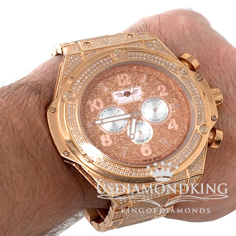 Men's Solid Stainless Steel Tarnish Free 4 Ctw Genuine Diamond Copper Tone Watch