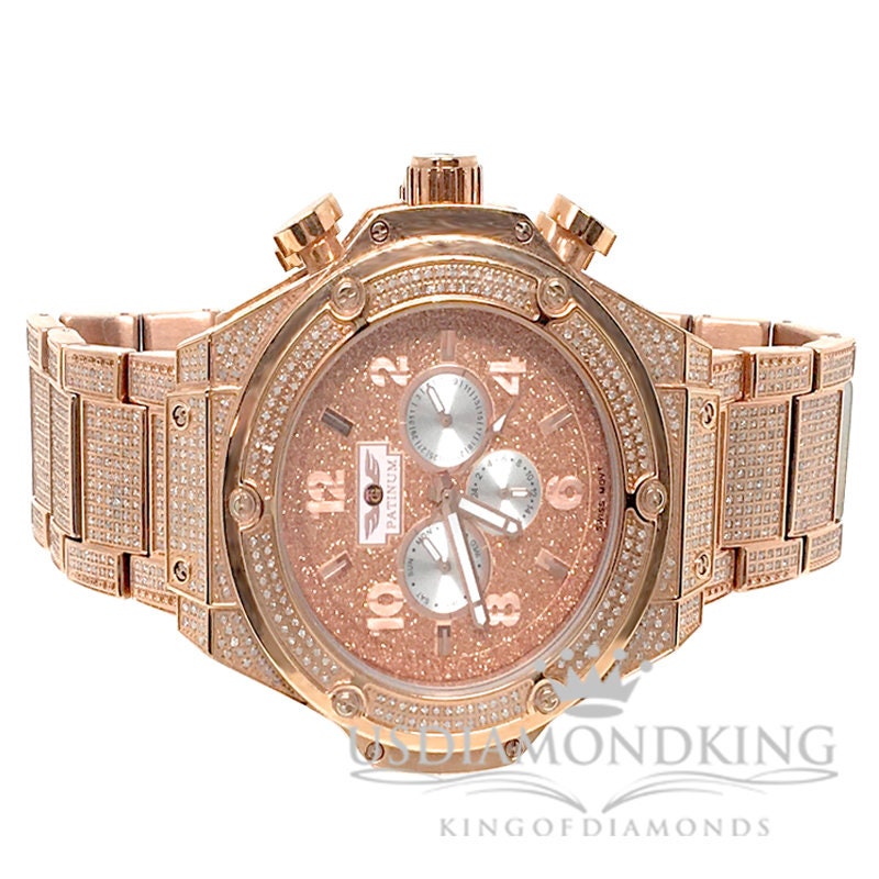 Men's Solid Stainless Steel Tarnish Free 4 Ctw Genuine Diamond Copper Tone Watch