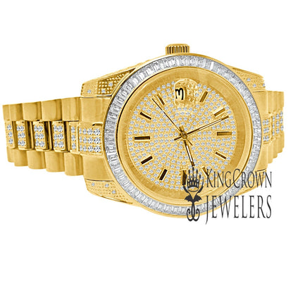 18K Yellow Gold Full Stainless Steel Baguette Simulated Diamond Presidential Watch 41mm
