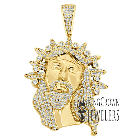 Real Genuine Yellow Gold Sterling Silver Simulated Diamond Jesus Face Piece Christ Charm Pendent 2.5''