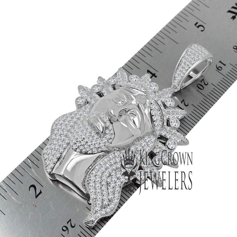 Real Genuine White Gold Sterling Silver Simulated Diamond Jesus Face Piece Christ Charm Pendent 2.5''
