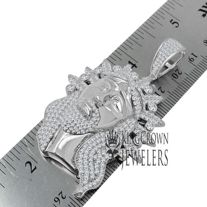 Real Genuine White Gold Sterling Silver Simulated Diamond Jesus Face Piece Christ Charm Pendent 2.5''