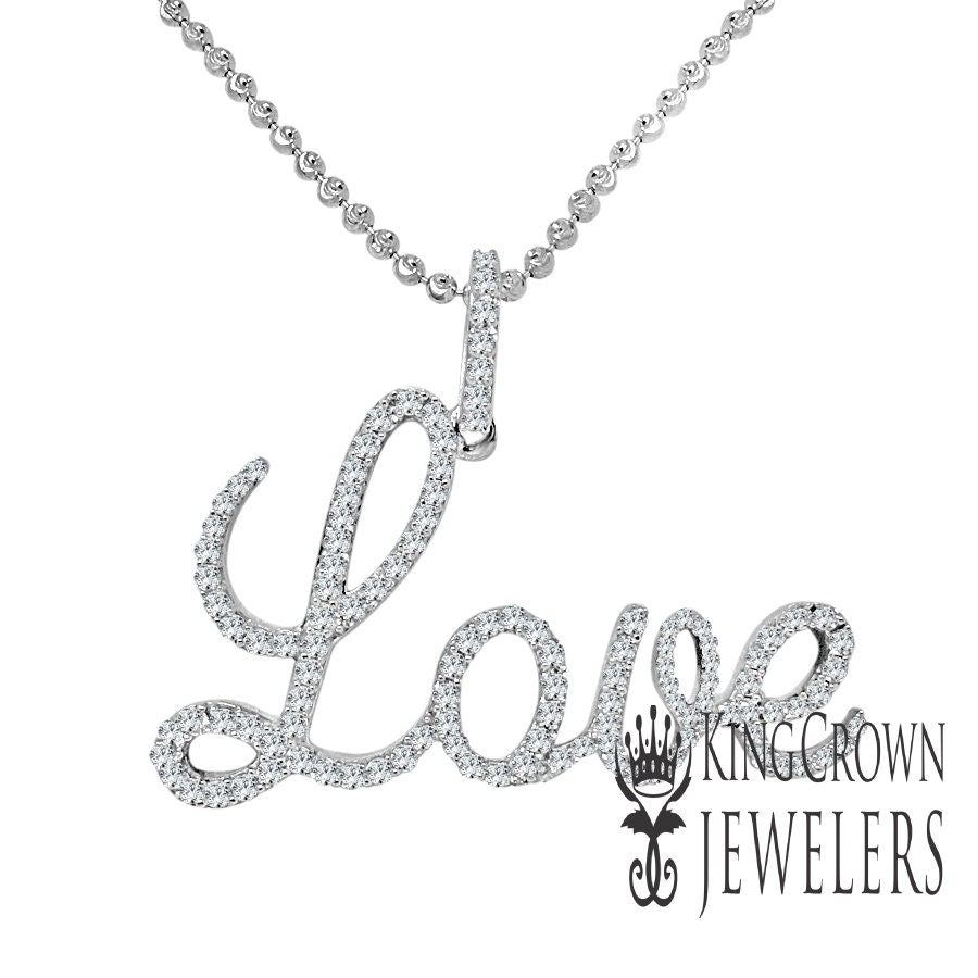Real White Gold On Genuine Sterling Silver Lab Diamond "love" Script Pendent Charm Chain Set