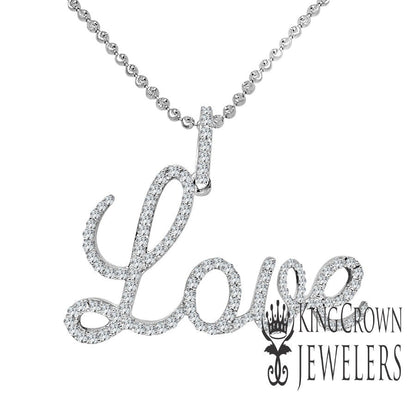 Real White Gold On Genuine Sterling Silver Lab Diamond "love" Script Pendent Charm Chain Set