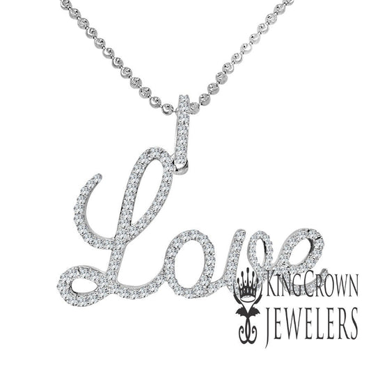 Real White Gold On Genuine Sterling Silver Lab Diamond "love" Script Pendent Charm Chain Set