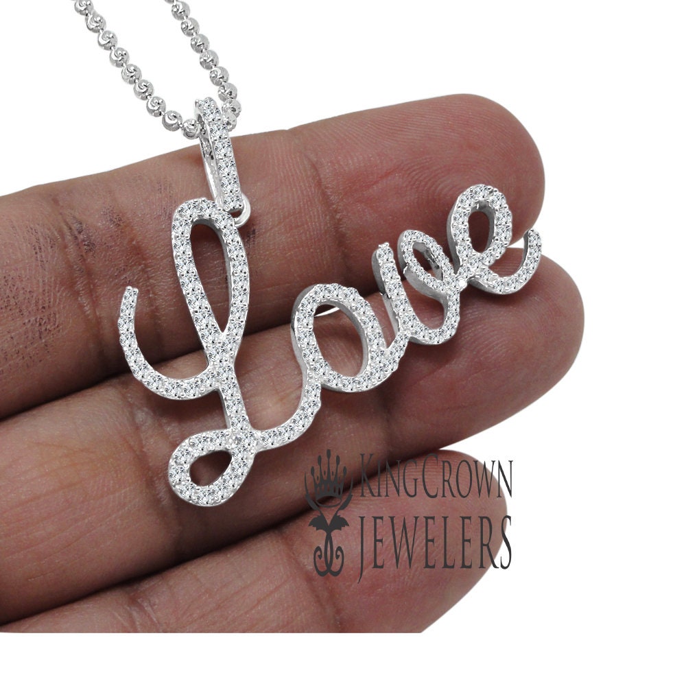 Real White Gold On Genuine Sterling Silver Lab Diamond "love" Script Pendent Charm Chain Set