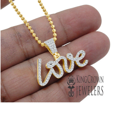 Real Yellow Gold Sterling Silver Simulated Diamond "love" Script Pendent Charm + Chain