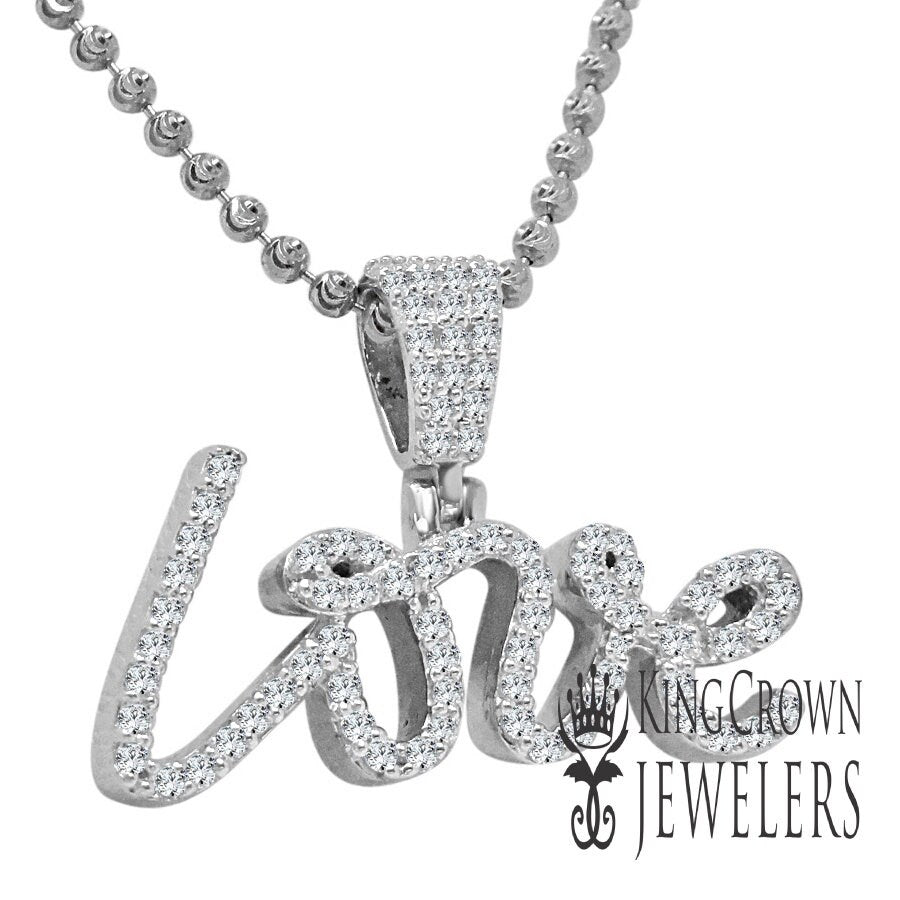 Real White Gold Over Pure Sterling Silver Simulated Diamond "love" Script Pendent Charm + Chain