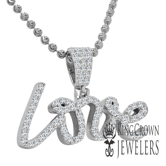 Real White Gold Over Pure Sterling Silver Simulated Diamond "love" Script Pendent Charm + Chain