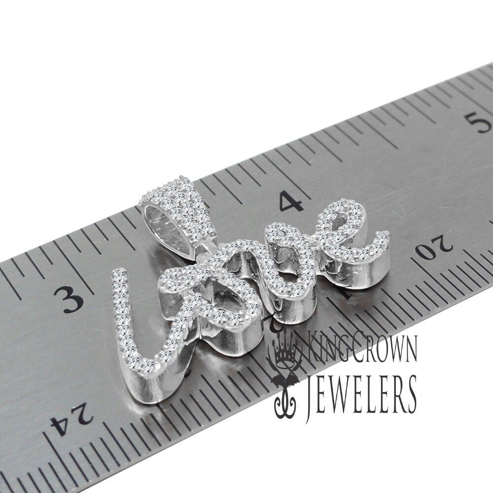 Real White Gold Over Pure Sterling Silver Simulated Diamond "love" Script Pendent Charm + Chain