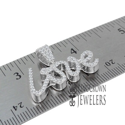 Real White Gold Over Pure Sterling Silver Simulated Diamond "love" Script Pendent Charm + Chain