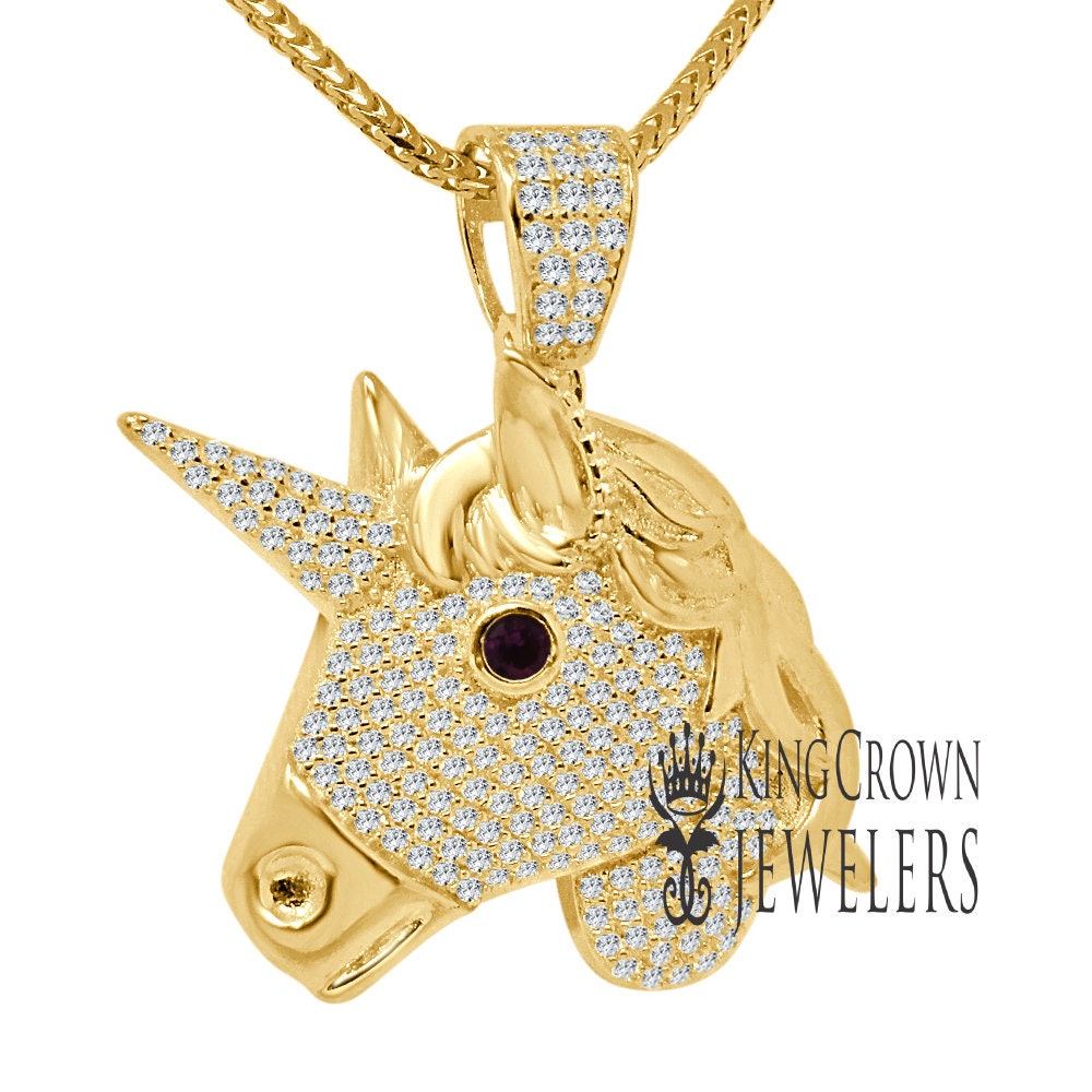 14K Yellow Gold On Genuine Sterling Silver Lab Diamond Unicorn Pendant Race Horse Charm Chain Set
