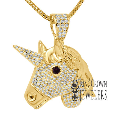 14K Yellow Gold On Genuine Sterling Silver Lab Diamond Unicorn Pendant Race Horse Charm Chain Set
