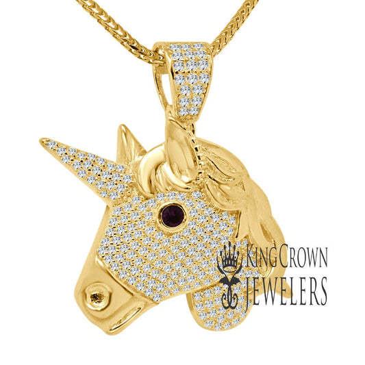 14K Yellow Gold On Genuine Sterling Silver Lab Diamond Unicorn Pendant Race Horse Charm Chain Set