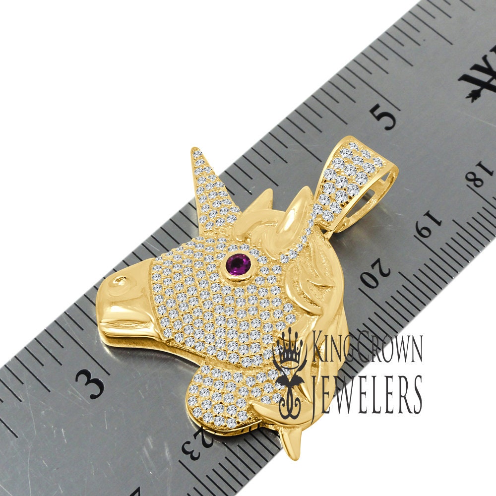 14K Yellow Gold On Genuine Sterling Silver Lab Diamond Unicorn Pendant Race Horse Charm Chain Set