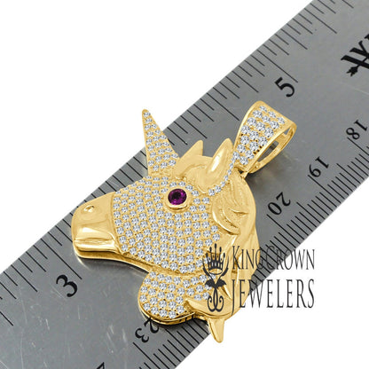 14K Yellow Gold On Genuine Sterling Silver Lab Diamond Unicorn Pendant Race Horse Charm Chain Set
