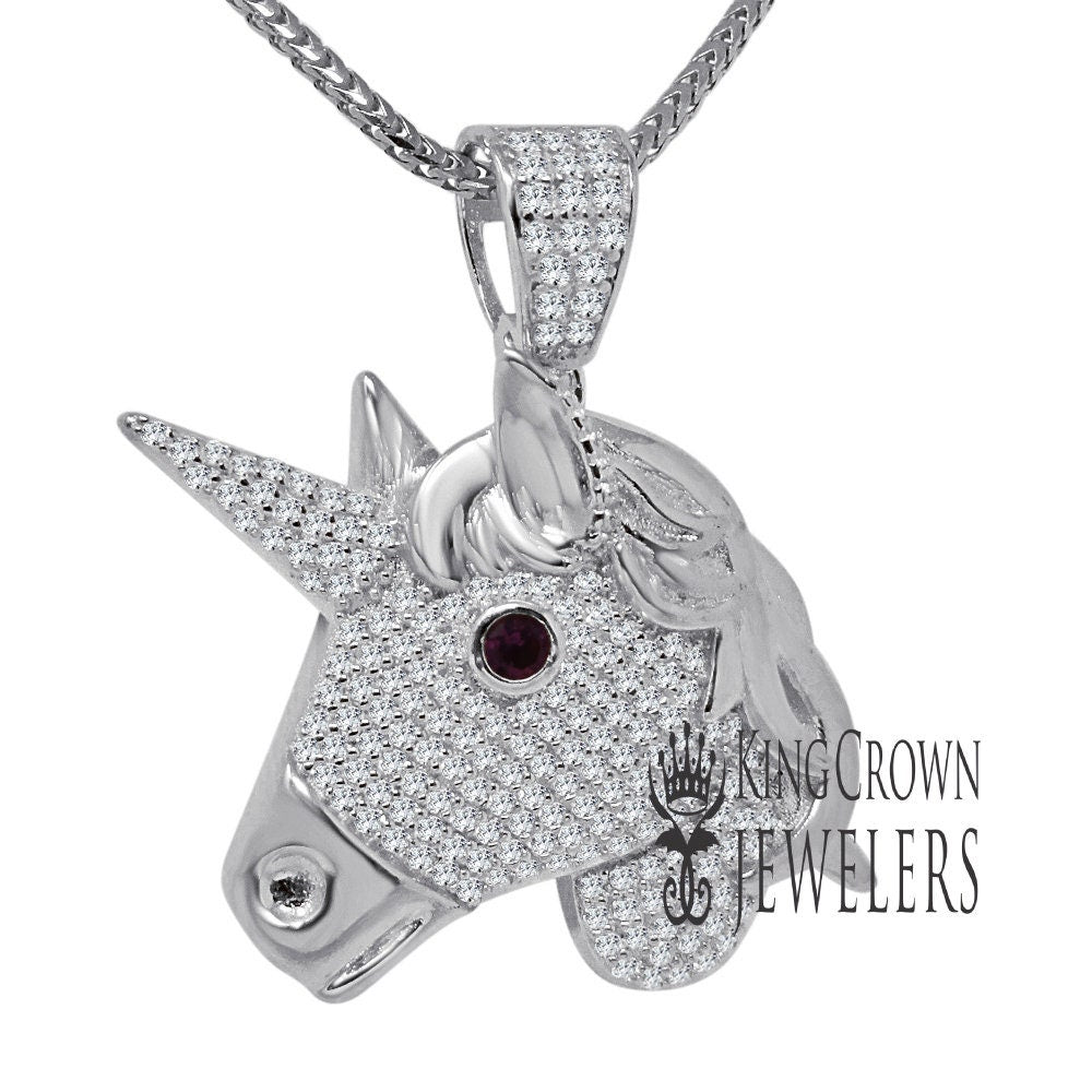 14K White Gold On Genuine Sterling Silver Lab Diamond Unicorn Pendant Race Horse Charm Chain Set