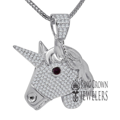 14K White Gold On Genuine Sterling Silver Lab Diamond Unicorn Pendant Race Horse Charm Chain Set