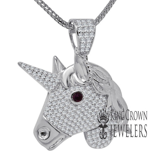 14K White Gold On Genuine Sterling Silver Lab Diamond Unicorn Pendant Race Horse Charm Chain Set