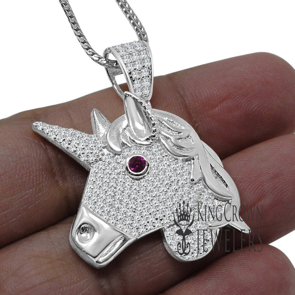14K White Gold On Genuine Sterling Silver Lab Diamond Unicorn Pendant Race Horse Charm Chain Set