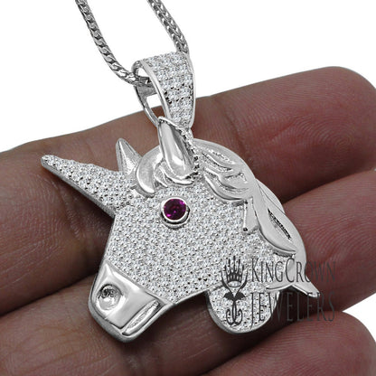 14K White Gold On Genuine Sterling Silver Lab Diamond Unicorn Pendant Race Horse Charm Chain Set