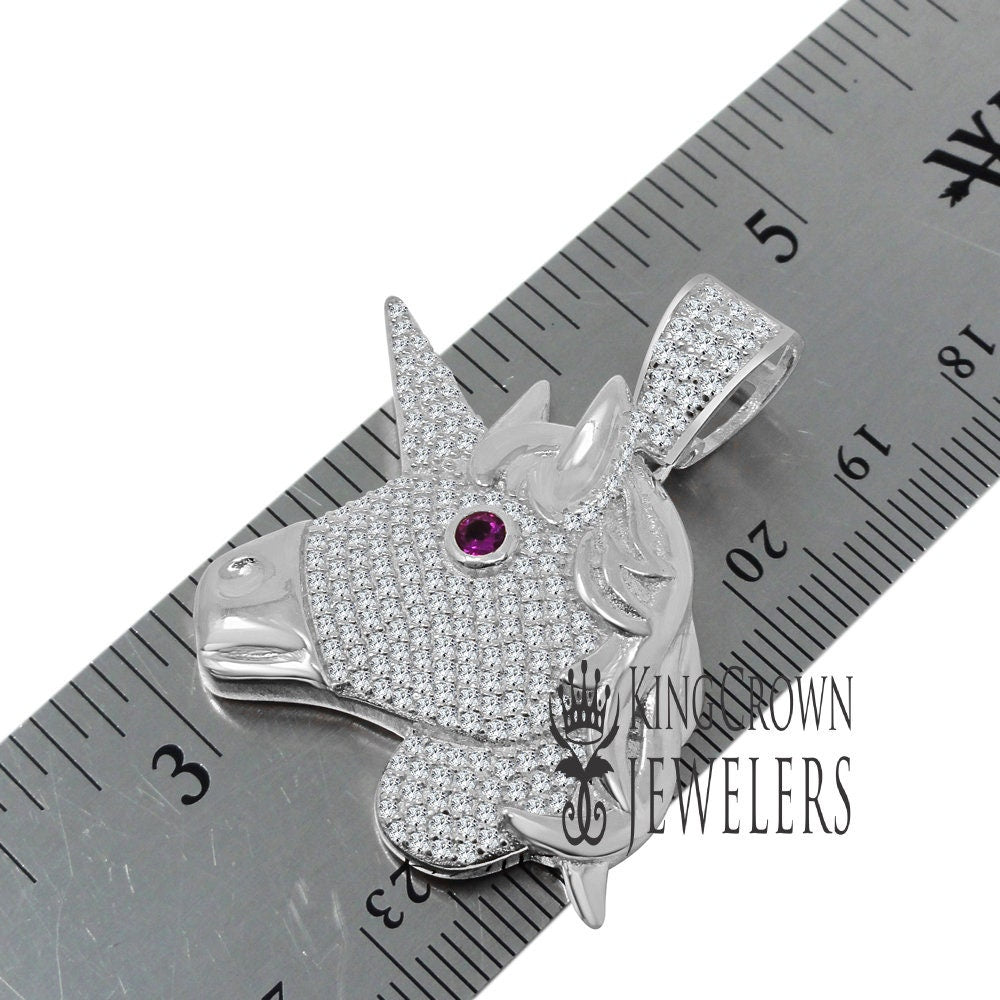 14K White Gold On Genuine Sterling Silver Lab Diamond Unicorn Pendant Race Horse Charm Chain Set