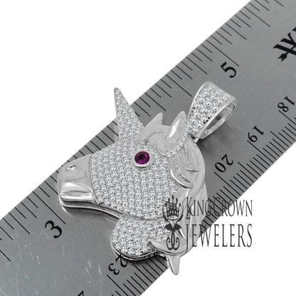 14K White Gold On Genuine Sterling Silver Lab Diamond Unicorn Pendant Race Horse Charm Chain Set