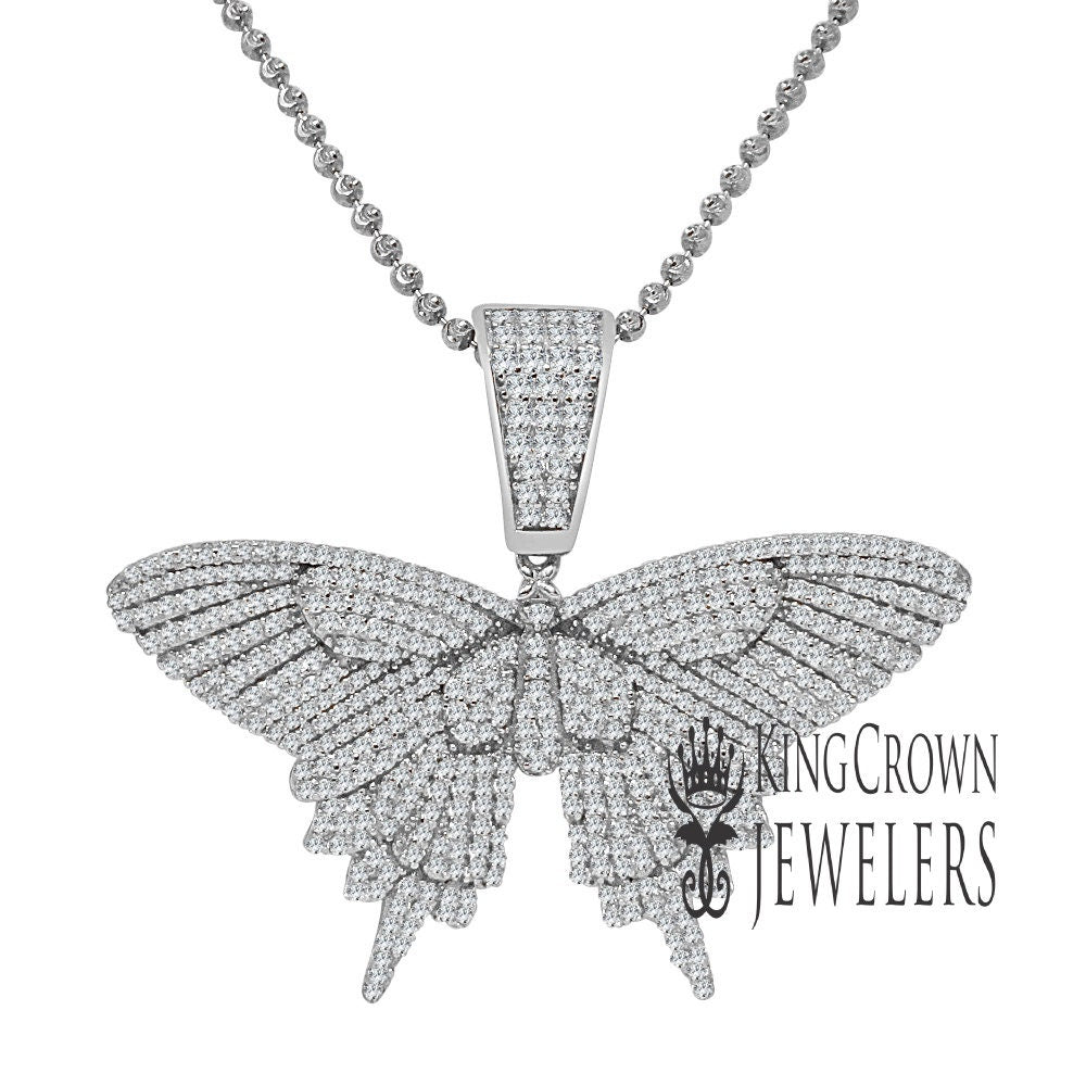 Solid White  Gold On Real Sterling Silver Diamond 3D Butterfly Pendent Charm Chain Set