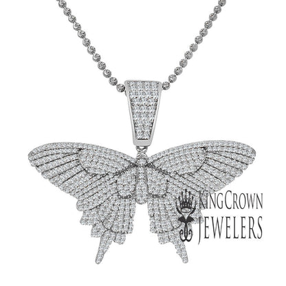 Solid White  Gold On Real Sterling Silver Diamond 3D Butterfly Pendent Charm Chain Set