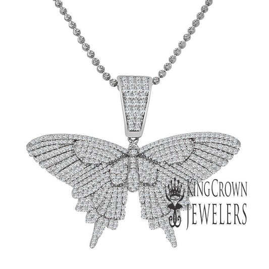 Solid White  Gold On Real Sterling Silver Diamond 3D Butterfly Pendent Charm Chain Set