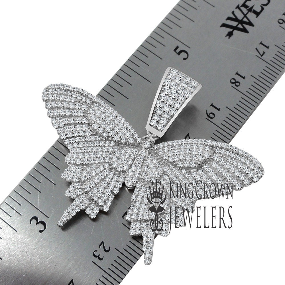 Solid White  Gold On Real Sterling Silver Diamond 3D Butterfly Pendent Charm Chain Set