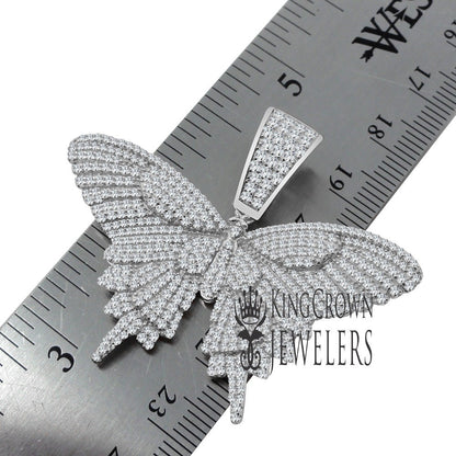 Solid White  Gold On Real Sterling Silver Diamond 3D Butterfly Pendent Charm Chain Set