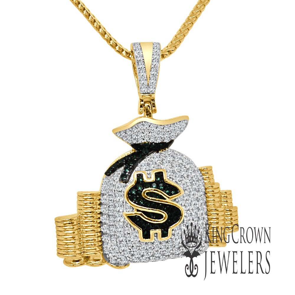 10k Yellow Gold On Solid Sterling Silver Mens Lab Diamond Money Bag Stacks Charm Pendant + Franco Chain