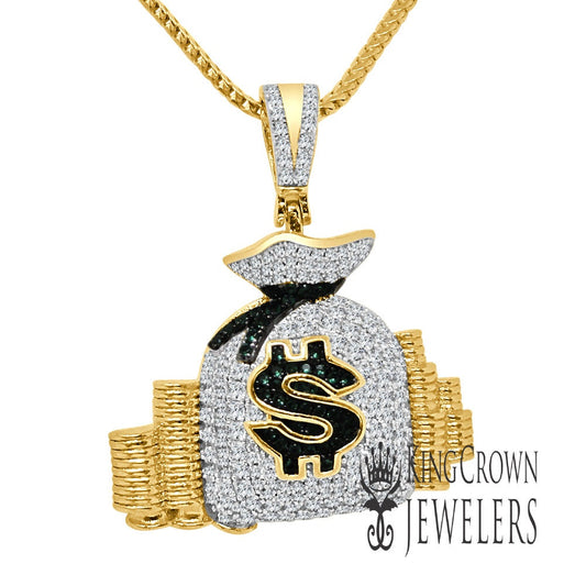 10k Yellow Gold On Solid Sterling Silver Mens Lab Diamond Money Bag Stacks Charm Pendant + Franco Chain