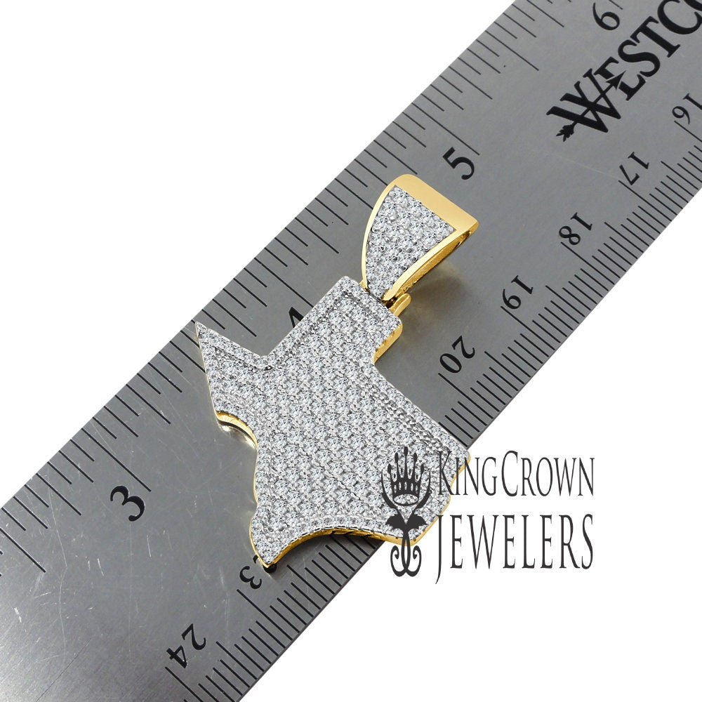 Texas Map Pendant 1.70" The Lone Star State Charm Real Yellow Gold On Italian Sterling Silver Simulated Diamond + Franco Chain