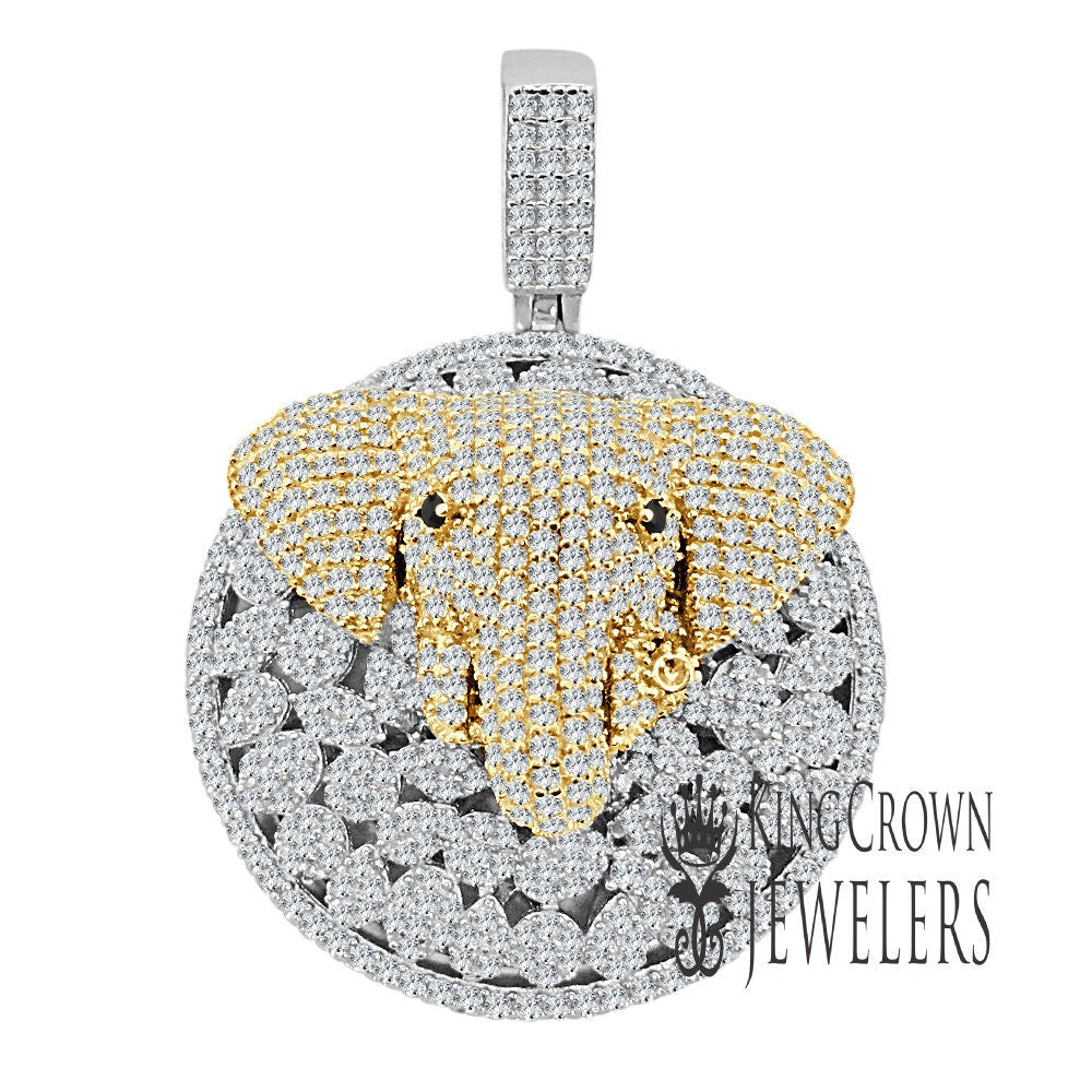 2 Tone Sterling Silver Solitaire Cut Elephant Head Pendant Simulated Diamond Custom Charm