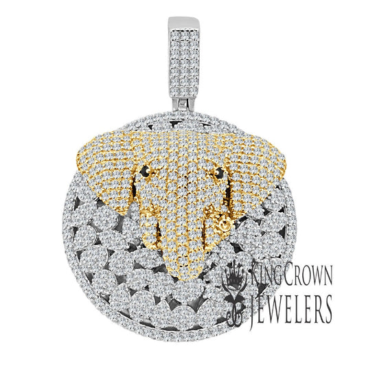 2 Tone Sterling Silver Solitaire Cut Elephant Head Pendant Simulated Diamond Custom Charm
