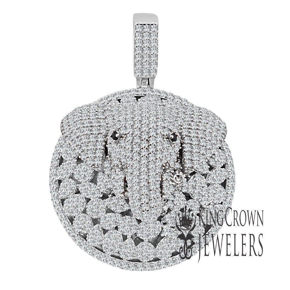 White Gold On Real Sterling Silver Solitaire Cut Elephant Head Pendant Simulated Diamond Custom Charm