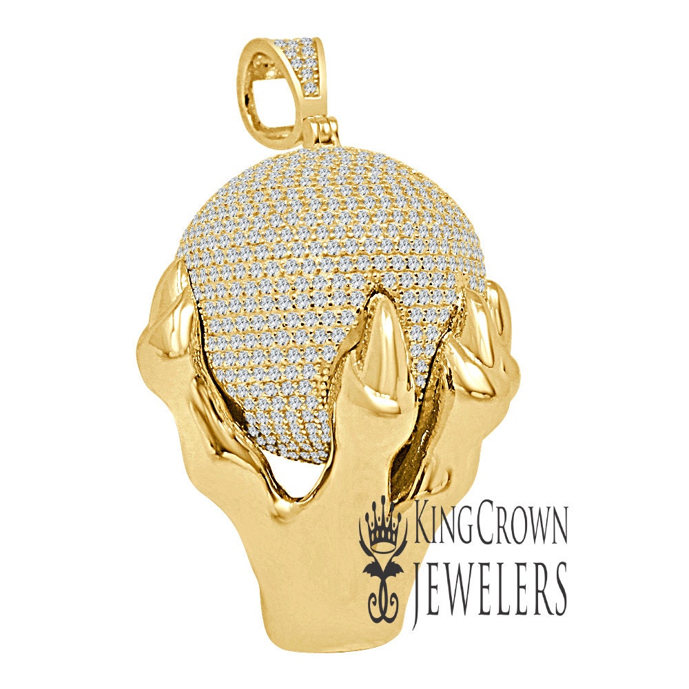 Mens 27+ Grams Real Yellow Gold Sterling Silver "World On My Hands" Pendant Simulated Diamond Men's Custom Charm
