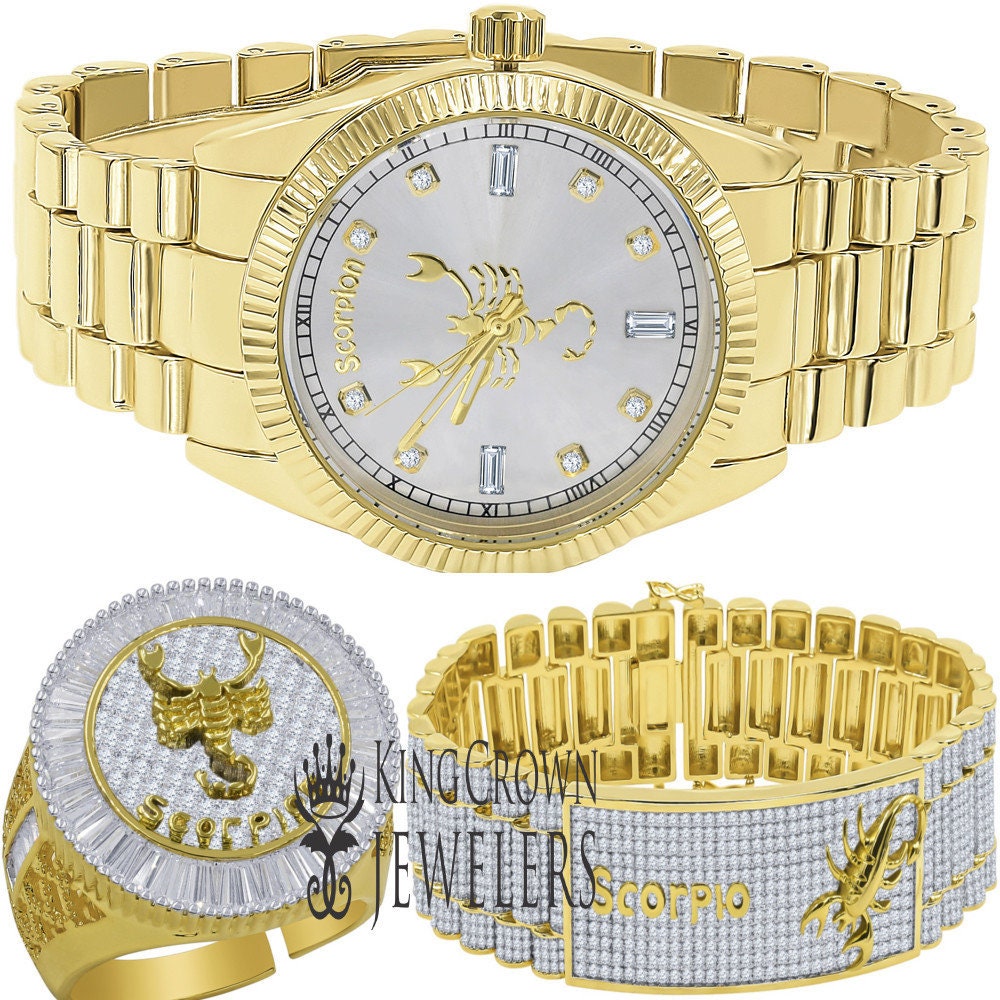 Mens Scorpio Zodiac Sign 14K Yellow Gold Tone Simulated Diamond Custom Watch.Bracelet & Ring Matching Combo Gift Set