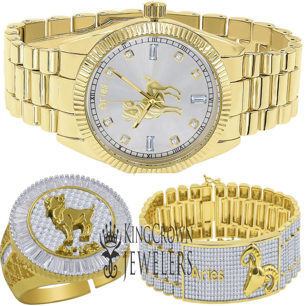 Mens Aries Ram Zodiac Sign 14K Yellow Gold Tone Simulated Diamond Custom Watch.Bracelet & Ring Matching Combo Gift Set
