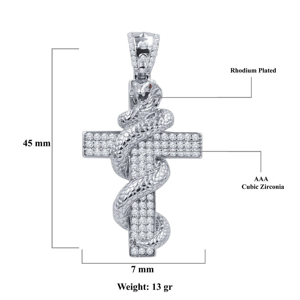 14K White Gold On Real Sterling Silver Simulated Diamonds Punk Snake Copra Custom Cross Pendent Charm