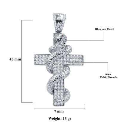 14K White Gold On Real Sterling Silver Simulated Diamonds Punk Snake Copra Custom Cross Pendent Charm