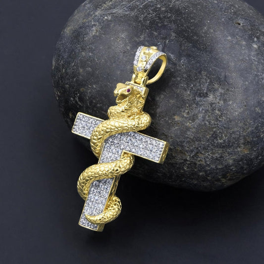 14K Yellow Gold On Real Sterling Silver Simulated Diamonds Cross Snake Copra Custom Pendent Charm