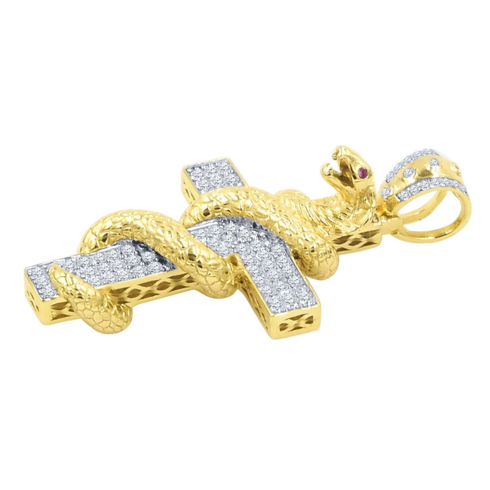 14K Yellow Gold On Real Sterling Silver Simulated Diamonds Cross Snake Copra Custom Pendent Charm