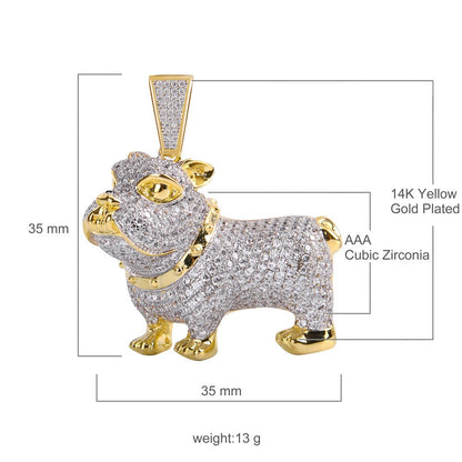 Mens 14K Yellow Gold On Real Sterling Silver Simulated Simulated Diamond Bulldog Custom Pendant Charm